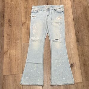 Hollister Low-Rise Distressed Flare Blue Jeans